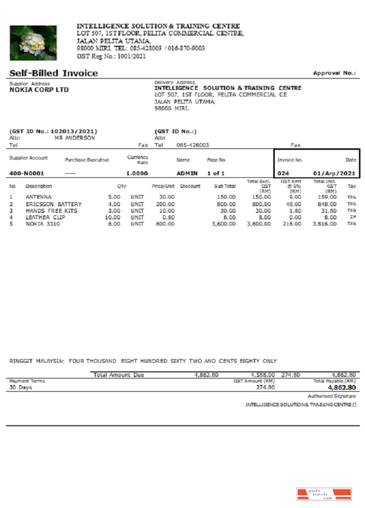 Malaysia Intelligence Solution & Training Centre self billed invoice PSD template